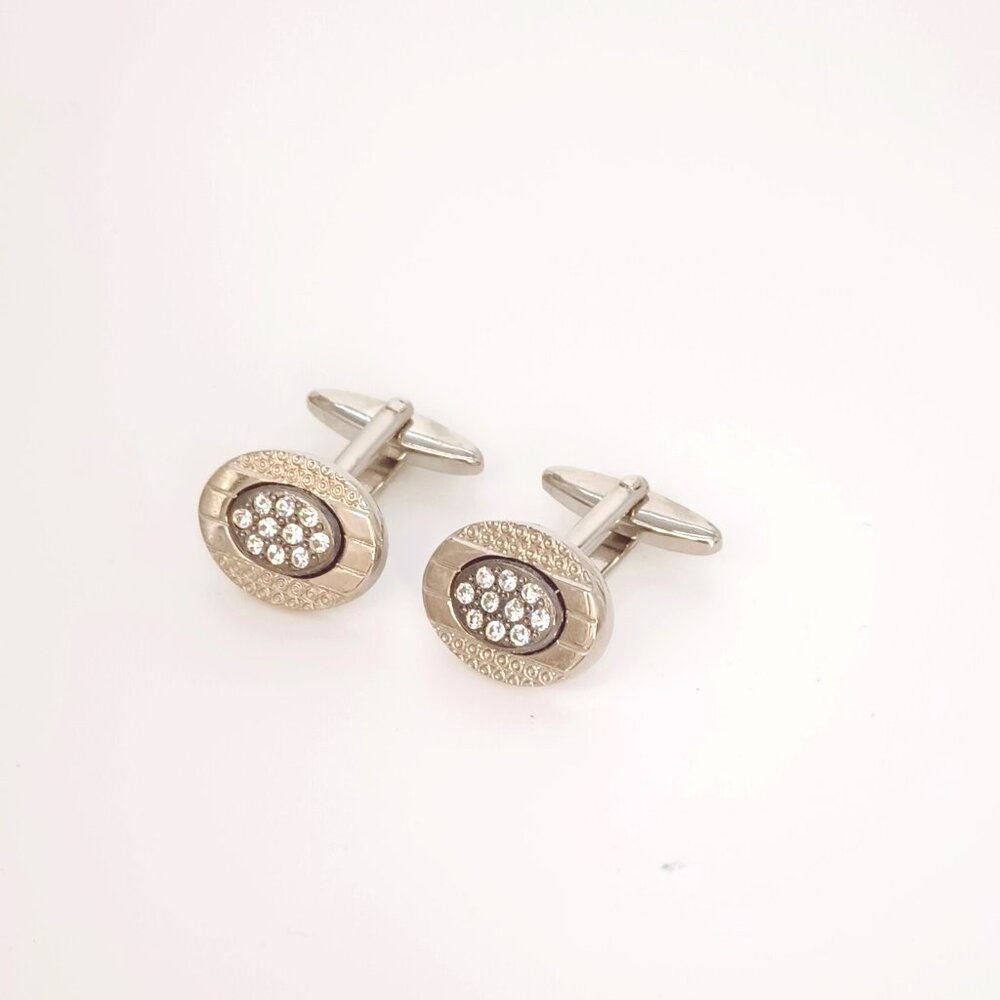 Silver Tone Cluster Cuff Links Oval Ribbed Etched Formal